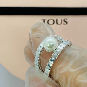 TOUS Ring Silver Straight strips Ring with Pearl and two strips of bears